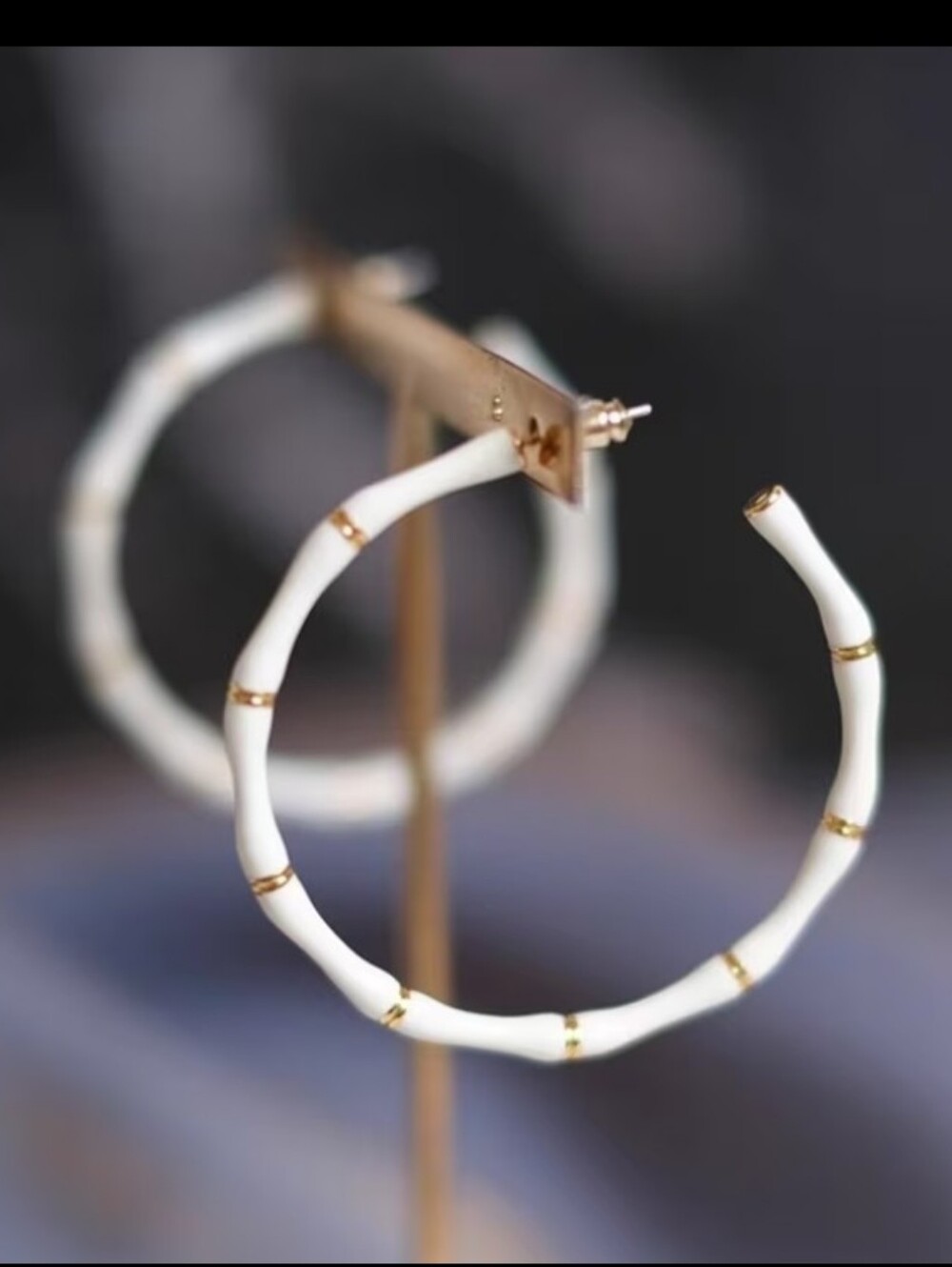 NEW! White Enamel Bamboo Thin Open Hoop Post Earrings with Gold Accents - Picture 2 of 5